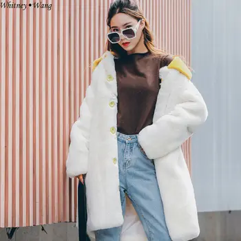WHITNEY WANG 2018 m. Rudens-Žiemos Mados Streetwear korėjos Stilių, Spalvų Kontrastas Mygtukai Dirbtiniais Kailių Paltai Moterims viršutinių drabužių siuvimas