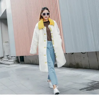 WHITNEY WANG 2018 m. Rudens-Žiemos Mados Streetwear korėjos Stilių, Spalvų Kontrastas Mygtukai Dirbtiniais Kailių Paltai Moterims viršutinių drabužių siuvimas
