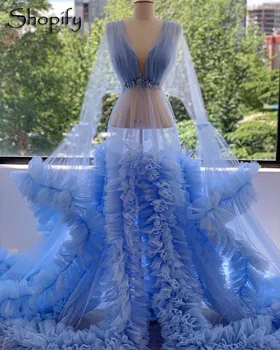 Ilgą vakarinę Suknelę 2020 V-kaklo Matyti Per ilgomis Rankovėmis Raukiniai Šviesiai Mėlynos spalvos Tiulio Moterų Oficialų Vakare Chalatai