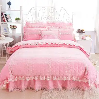 Purle smėlio nėrinių medvilnės dygsniuotas storio lova nustatyti princesė merginos patalynės komplektas twin karalienė king size antklode padengti lova sijonas užvalkalas