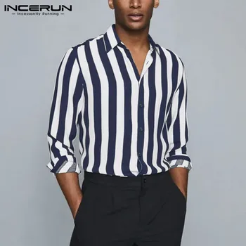 INCERUN 2021 Vyrų Dryžuotas Marškinėliai Pasukite Žemyn Apykaklės ilgomis Rankovėmis Mygtuką Streetwear Atsitiktinis Palaidinė Pavasarį Elegantiškos Camisa Masculina S-5XL