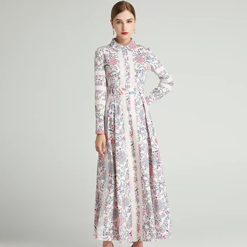 MIUXIMAO 2020 m. Rudenį Suknelė Naujausias Mielas Gėlių Spausdinti Visą Rankovės Elegantiškas Atsitiktinis Nėrinių ilga Suknelė Moterims Vestidos Su Diržu