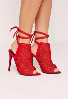 Sexy Raudona Pynimo Nerijos Moterų Sandalai 2019 Peep Toe Cut-out Auliukiniai suvarstomi Gladiatorių Sandalai Moterų Plius Dydis Vestuvių Batai Nuotaka