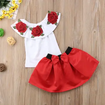 2018 Nauja Mada Vaikas Mergaičių Vasaros Raudona Gėlė, T Marškiniai Off Peties Viršaus Baby Girl Šalies Marškinėliai Mini Tutu Lankas Raudonas Sijonas Apranga