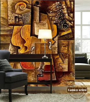 Custom abstraktaus meno tapetai, freskos įspūdį aliejaus tapybai medinė gitara, tv, sofa, miegamojo kambarį, kavinė restoranas fone