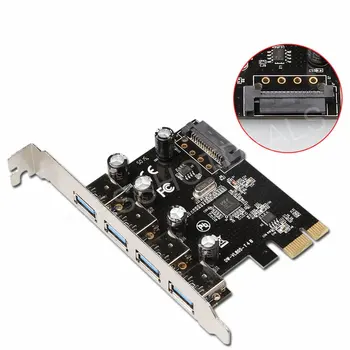 PCI-E Express 4 Port USB 3.0 Card Adapter w/15pin SATA Maitinimo Jungtis
