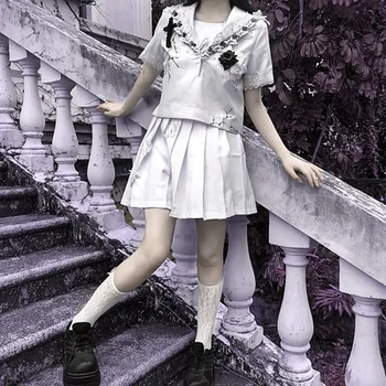 Juodos spalvos Gotikos JK Vienodas Trimito Karoliukai Drugelio Nėrinių Cool Girl Lolita Dress Goth Studentų Sailor Kostiumas Cospaly Kostiumas
