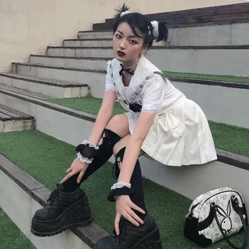 Juodos spalvos Gotikos JK Vienodas Trimito Karoliukai Drugelio Nėrinių Cool Girl Lolita Dress Goth Studentų Sailor Kostiumas Cospaly Kostiumas