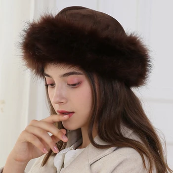 HT2849 Storas Šiltas rusijos Skrybėlę Ponios Suede Bombonešis Skrybėlę Vėjo Moterų Kailio Kepurę Moterų Mongolija Bžūp Moterų Fox Fur Skullies Beanies