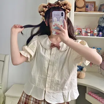 Japonijos Lėlės Nėrinių Apykaklę Susiuvimo Marškinėliai 2020 Naujas Vasaros Visų rungtynių Single-Breasted trumparankoviai Viršuje Moterys mokyklos mergina vienodas