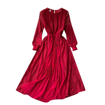 Moterų Mada, Retro Rūmai-line Suknelė ilgomis Rankovėmis Apvalios Kaklo Tinklelio Nėriniai Tuščiaviduriai Nėrimo Plisuotos Susiuvimo Elegantiškas Vestidos R159