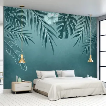 Milofi užsakymą didelis tapetai, freskos Šiaurės šalių šiuolaikinio minimalistinio ranka-dažytos tropinių augalų lapų fone, sienos dekoratyvinis paintin