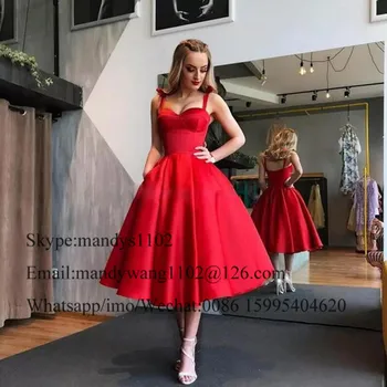 Elegantiškos Raudonos spalvos Satino Promenadzie Suknelė, Ilgas Elegantiškas Spagečiai Dirželiai vakarinę Suknelę Arbata Ilgis vestidos de fiesta de noche Užsakymą