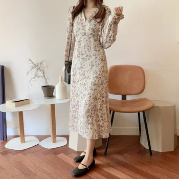 Gražus suknelės Ilgio Moterų Mielas Saldus Dienos Dėvėti Preppy Stilius Korėja, Japonija Dizainas Gėlių Spausdinti Vintage Marškinėliai Suknelė 10325