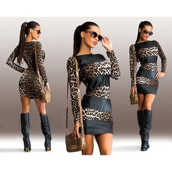 Bigsweety Naujas Mados Kratinys Slim Suknelė Moterims Leopardas Spausdinti Mini Suknelės Rudenį Ilgomis Rankovėmis Chic Bodycon Suknelės Vestidos
