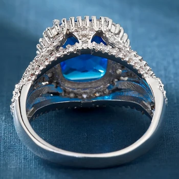 Sidabro spalvos Vestuvių Papuošalai, Žiedai, Moterų, prabangos didelių kvadratinių Kristalų Dalyvavimas mėlyna Kubinių Zirconia Žiedas dovanos