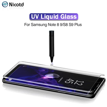 UV Grūdintas Stiklas Samsung s10e s10 S9 S8, S7 Krašto 5D Visa Skysti Klijai Screen Protector For Samsung Galaxy Note 9 8 S8 S9 Plus