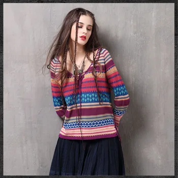 AISTELIK 2020 prekės ženklo moterų rudenį ir žiemą dėvėti naujas dryžuotas laisvas megztinis retro virvę ilgomis rankovėmis, žemiausią megztinis