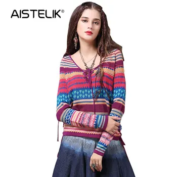 AISTELIK 2020 prekės ženklo moterų rudenį ir žiemą dėvėti naujas dryžuotas laisvas megztinis retro virvę ilgomis rankovėmis, žemiausią megztinis