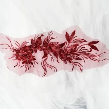 Raudona 3D Zawalcowany Gėlių Nėrinių Aplikacijos, Išsiuvinėti Vestuvių Aplikacijos Šokių Kostiumai , Vestuvių Suknelė Hem Priedai