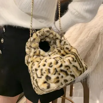 Seksualus Leopard Mažas Nešti maišą 2020 m. Žiemos Naujas Aukštos kokybės Minkštas Pliušinis Moterų Dizaineris Rankinės Grandinės Petį Krepšys