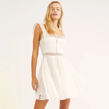 Derliaus Suknelės 2020 Metų Vasaros, Balta Raukiniai Atsitiktinis Trumpą Suknelę Sweetwear Vienas Verona Mini Suknelė Moterų Nėriniai Kratinys Išsiuvinėti