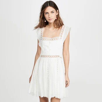 Derliaus Suknelės 2020 Metų Vasaros, Balta Raukiniai Atsitiktinis Trumpą Suknelę Sweetwear Vienas Verona Mini Suknelė Moterų Nėriniai Kratinys Išsiuvinėti
