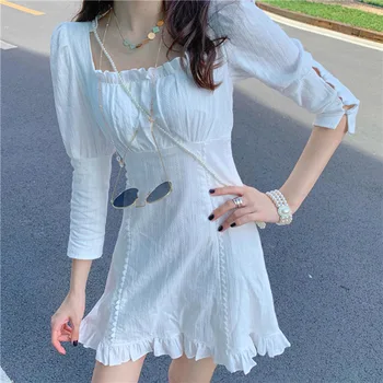 Moterų vasaros suknelė naują juosmens plona balta-line suknelė prancūzijos temperamentas trumpas sijonas aikštėje apykaklės pasakų sijonas moterų PL189