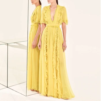 2020 metų Vasaros Boho Atostogų Šifono Maxi Suknelė Moterims Derliaus kilimo ir tūpimo Tako Elegantiškas V-kaklo, Nėriniai Kratinys Raukiniai, Ilgos Suknelės, Šaliai