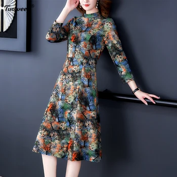 Mados 3XL elegantiškas raukšlių gėlių spausdinti moterų rudens dress stovėti apykaklės visą rankovės moterų ilga suknelė 2020 m. pavasarį šifono