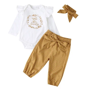 Naujas 3PCS Rinkiniai, Naujas gimęs Kūdikis, Kūdikis mergaičių drabužius Laišką Pinta Bodysuit+ Kelnės+Dot Lankelis Krapinėjimas Mergina Outfit1