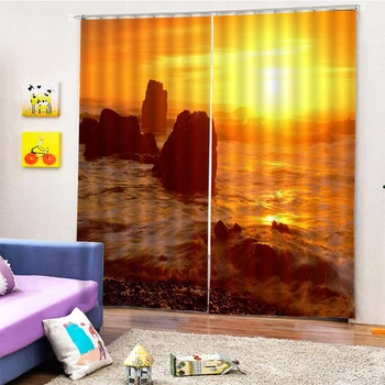 Nuotrauka Blackout 3D Užuolaidos Gyvenimo Kambario, Miegamasis Dangaus ir jūros yra aukso užuolaidos