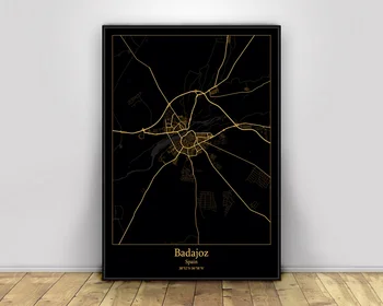 Badajoz, Ispanija Black&Gold Miesto Šviesos Žemėlapiai Užsakymą Pasaulio Miesto Žemėlapį, Plakatai, Drobė Spausdina Šiaurės Stiliaus Sienos Menas Namų Dekoro