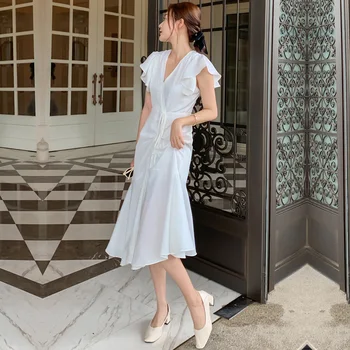Balta Bohemijos Šifono Suknelė 2020 M. Vasarą V-Kaklo, Rankovių Raukiniai Neskubant Atostogų Didelis Juosmens Sutraukimo Juostelę Moterys Šalis Suknelė