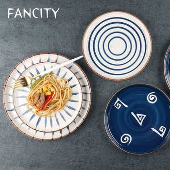 FANCITY Japonų stalo ranka-dažytos keramikos plokštės kūrybos šviesą namuose vakarienės lėkštės underglaze spalvų vakarų maisto plokštė kepsnys