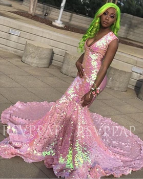 Afrikos Juodieji Mergina Ilgai Prom Dresses 2020 Naują Atvykimo Blizgančių China V-kaklo, Rankovių Rožinė Undinė Prom Chalatai
