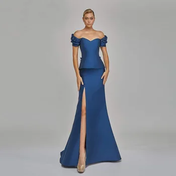 Naujas Atvykimo Royal Blue Pusėje Ritininės Motina Nuotakos Suknelės Off Pečių, trumpomis Rankovėmis, Vestuves Chalatai Brangioji Gėlės
