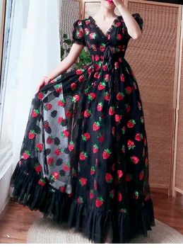 Moterų Braškių Maxi Suknelė Plius Dydžio Elegantiškas China Akių Nėrinių Aukšto Juosmens Seksualus Siuvinėjimas Rožinė Ilga Suknelė V Kaklo Vestido Panele