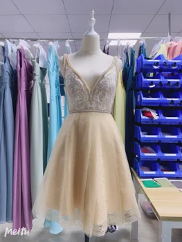 Šampanas satino nėriniais tiulio 2020 suknelė naują luckgirls Siuvinėjimo spausdinti V-kaklo, kelio ilgis grožio Šalis Homecoming Suknelės