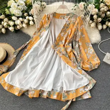 Lady Aliejaus Tapybai Spausdinti Suknelė 2020 Moterys Naujas Mados Vintage V Kaklo Ilgai Žibintų Rankovės vientisas Elegantiškas Vestidos N677