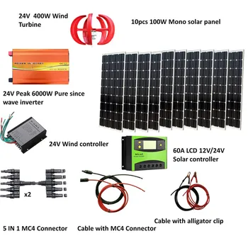 1400W Vėjo, Saulės Energijos Sistemos: 1000W mono saulės skydelis,400W Vėjo Turbinų,piko 6000w grynas nuo bangų keitiklis, valdiklis