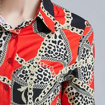 Kilimo ir tūpimo tako Dizaineris Moteris leopardas Spausdinti ilgomis Rankovėmis Satin Palaidinės, Marškinėliai Moterims Atsitiktinis Marškinėliai Topai Mujer Blusa Chemisier