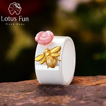 Lotus Įdomus Nekilnojamojo 925 Sterlingas Sidabro Žiedas Natūralus Rankų darbo Smulkių Papuošalų, Keramikos Žiedas Mielas Bičių Kiss from a Rose Žiedai Moterims