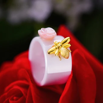 Lotus Įdomus Nekilnojamojo 925 Sterlingas Sidabro Žiedas Natūralus Rankų darbo Smulkių Papuošalų, Keramikos Žiedas Mielas Bičių Kiss from a Rose Žiedai Moterims
