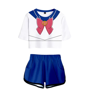 Anime Sailor Moon serijos 3D atspausdintas šortai + T-shirt mados ir patogią sportinę vasarą ponios sexy atsitiktinis dviejų dalių kostiumas
