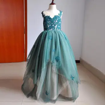 Realios Nuotraukos Mergaičių Konkurso Suknelė Žalia Nėrinių Aplikacijos Tiulio Vaikams, Drabužių, Gėlių Mergaitės Suknelė Inscenizacija Šalis Suknelė