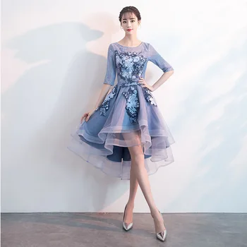 Trumpas Homecoming Suknelės 2020 Mėlyna Oficialią Suknelės Nesimetriškas Iliuzija, O-Kaklo Vestuvės Dress Pusė Rankovės Appliques Gėlių
