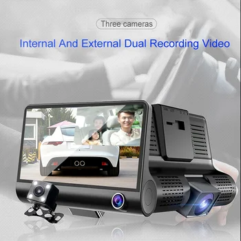 Automobilių DVR 3 Fotoaparatų Objektyvas 4.0 Colių Brūkšnys Kamera, Dvigubas Objektyvas su galinio vaizdo Kamera Vaizdo įrašymo Auto Registrator skaitmeniniai vaizdo įrašymo įrenginiai Brūkšnys Cam