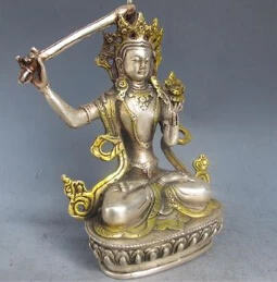 S0432 Kinijos Sidabrinė Paauksuota Bronza Tibeto Budizmas Statula --- Manjushri Buda