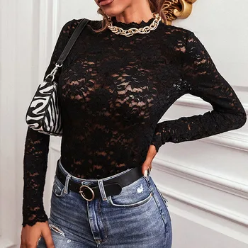 Moterų Pavasario Golfo Nėrinių Palaidinės Elegantiška Siuvinėjimas Long Sleeve Black Marškinėliai Seksualus Ponios Tuščiaviduriai Iš Mados Drabužių Chemise